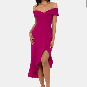 XSCAPE Ruffle High Low Dress Women 6 Off Shoulder Cocktail Wedding Guest MAGENTA